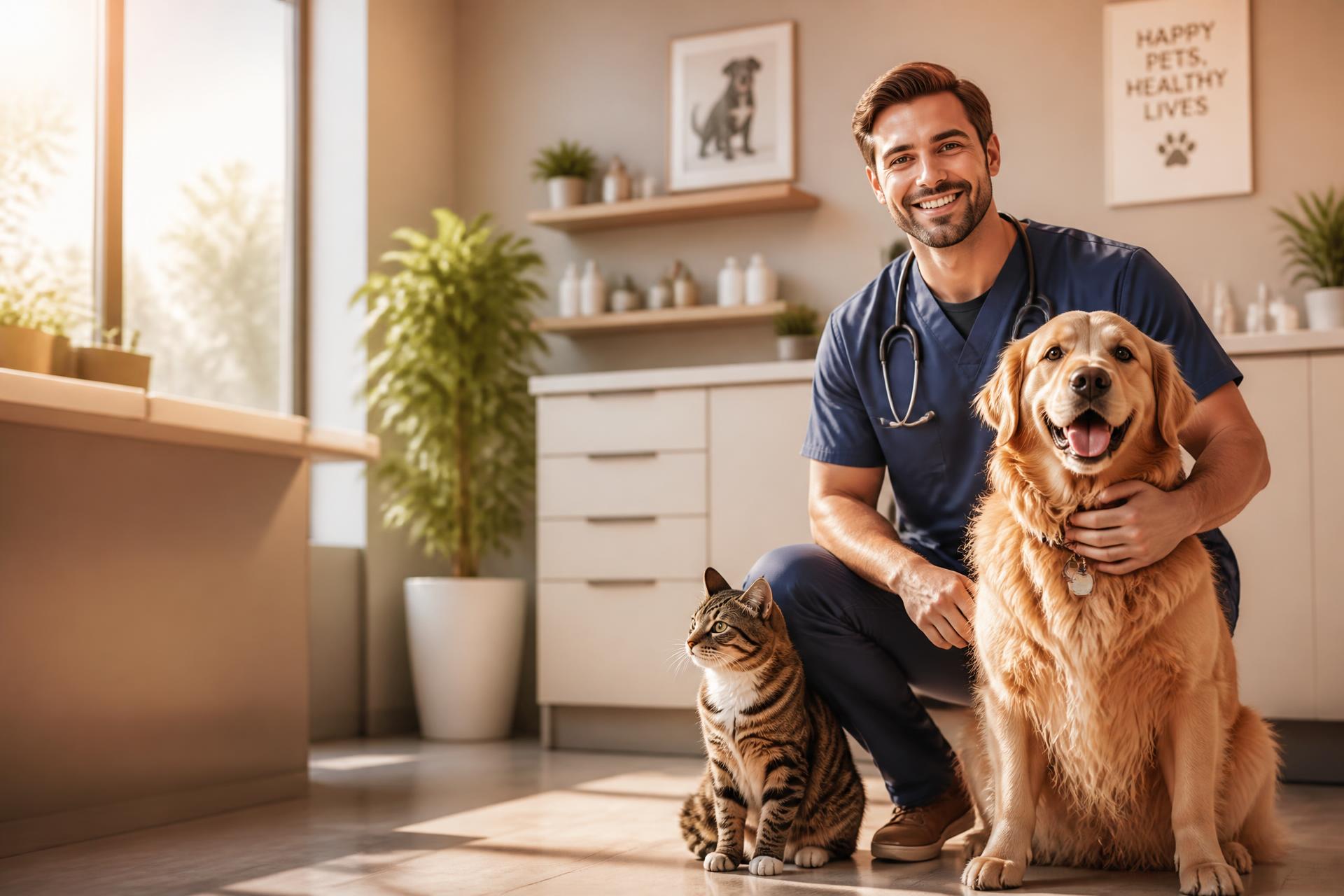 Vétérinaire souriant avec un chien et un chat dans une clinique
