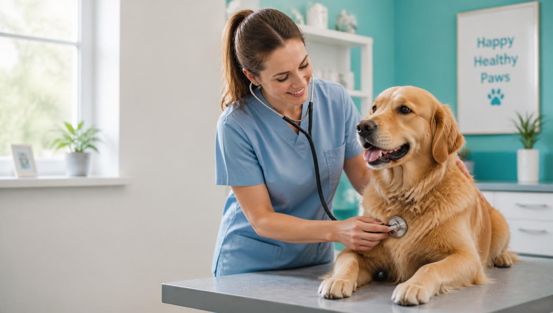 Vétérinaire examinant un chien avec un stéthoscope dans une clinique lumineuse